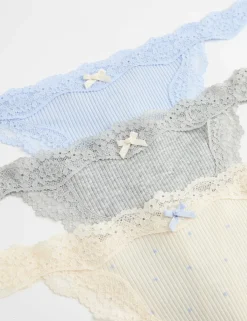 3 Pack Cotton Blend Rib Lace Thongs
