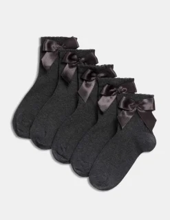 5 Pack Cotton Rich Ankle Bow Socks (6 Small-7 Large)