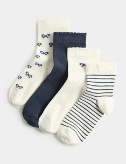 4 Pack Cotton Rich Bow & Striped Socks (6 Small-7 Large)