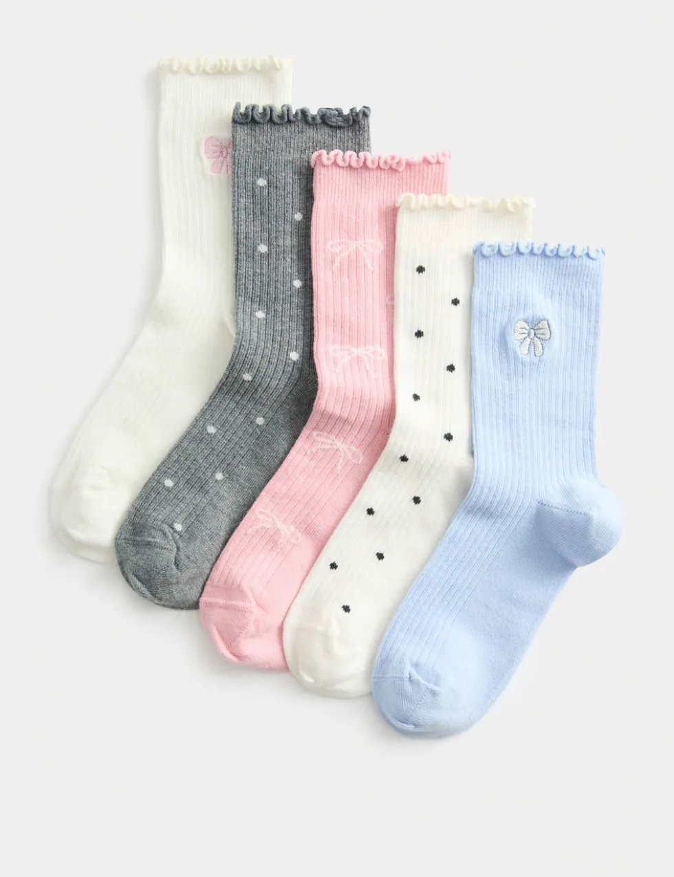 5 Pack Cotton Rich Bow Ribbed Socks (6 Small - 7 Large)