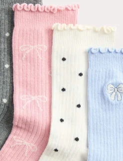 5 Pack Cotton Rich Bow Ribbed Socks (6 Small - 7 Large)