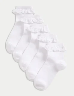 5 Pack Cotton Rich Broderie Frill School Socks