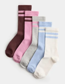 5 Pack Cotton Rich Ribbed Striped Socks (6 Small - 7 Large)