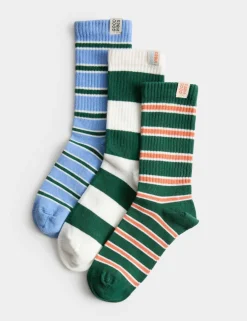 3 Pack Cotton Rich Striped Ribbed Socks (6 Small - 7 Large)