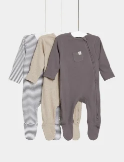 3 Pack Cotton Rich Striped & Plain Sleepsuits (0-3 Yrs)