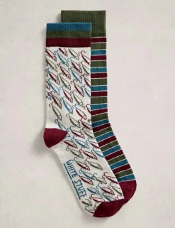2 Pack Fish & Striped Cotton Rich Socks