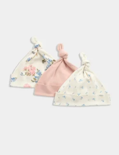 3 Pack Pure Cotton Floral Hats (0-12 Mths)