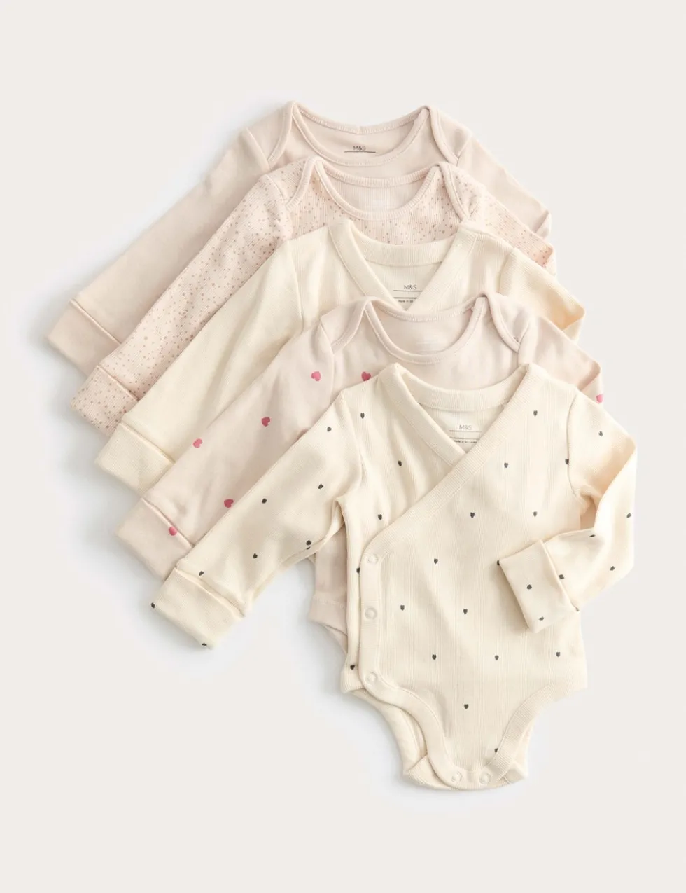 5 Pack Pure Cotton Heart Ribbed Bodysuits (6½lbs-3 Yrs)