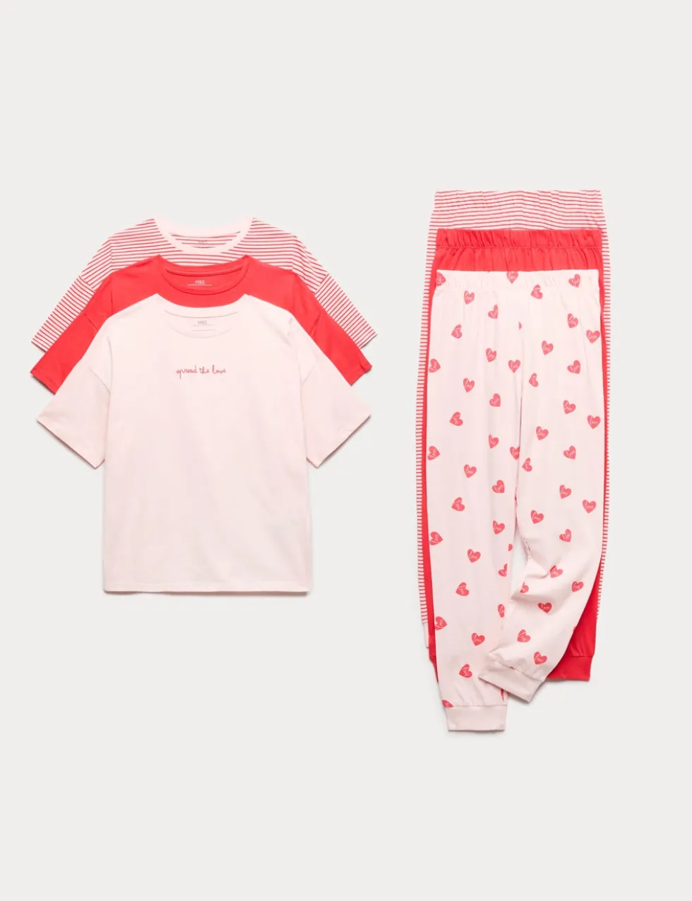 3 Pack Pure Cotton Hearts & Stripes Pyjama Sets (6-16 Yrs)