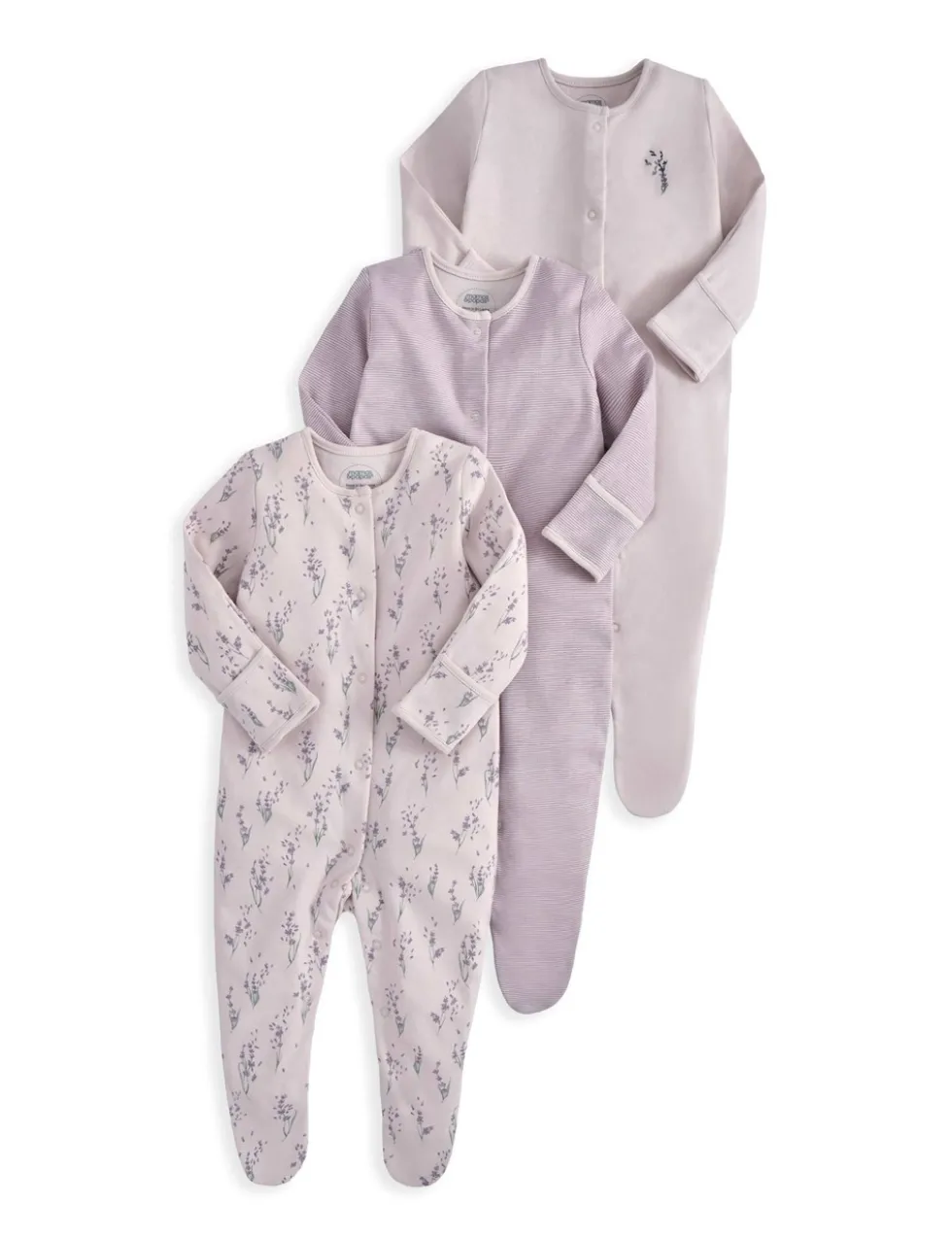 3 Pack Pure Cotton Lavender Sleepsuits (0-24 Months)