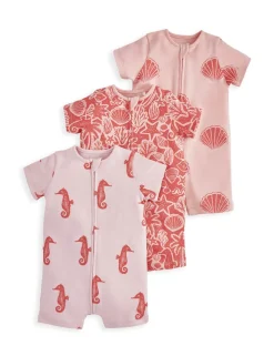 3 Pack Pure Cotton Seahorse Zip Rompers (0-18 Months)