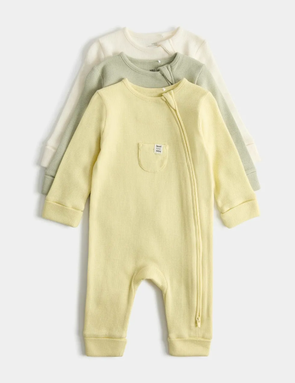 3 Pack Pure Cotton Waffle Sleepsuits (6lbs 3oz-3 Yrs)