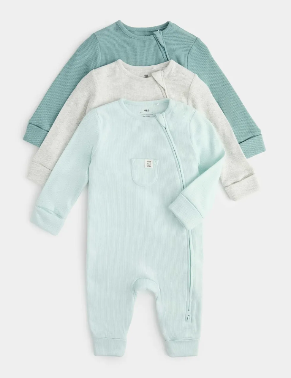 3 Pack Pure Cotton Waffle Sleepsuits (6lbs 3oz-3 Yrs)
