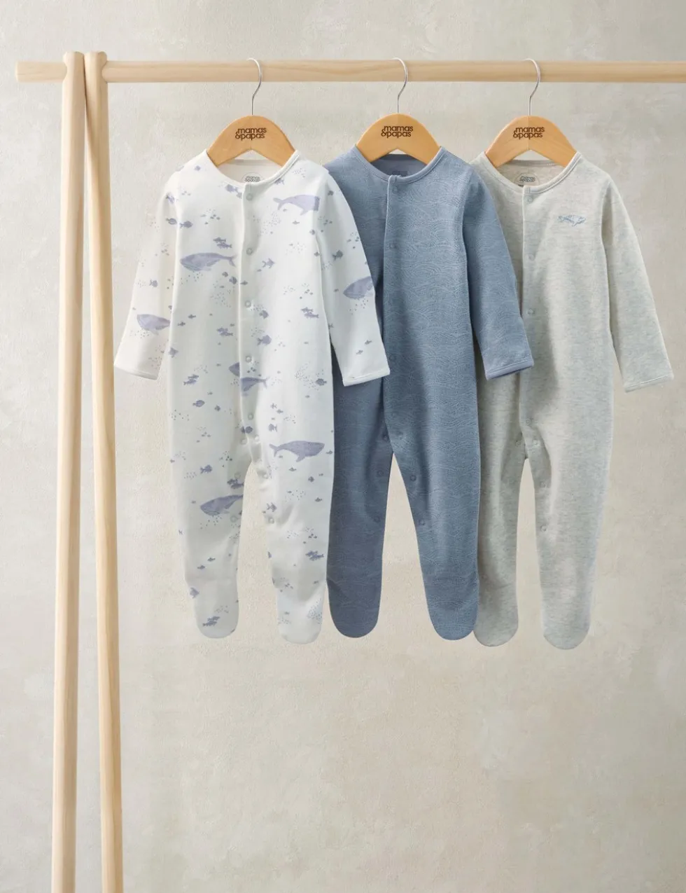 3 Pack Pure Cotton Whale Sleepsuits (6½lbs-24 Mths)