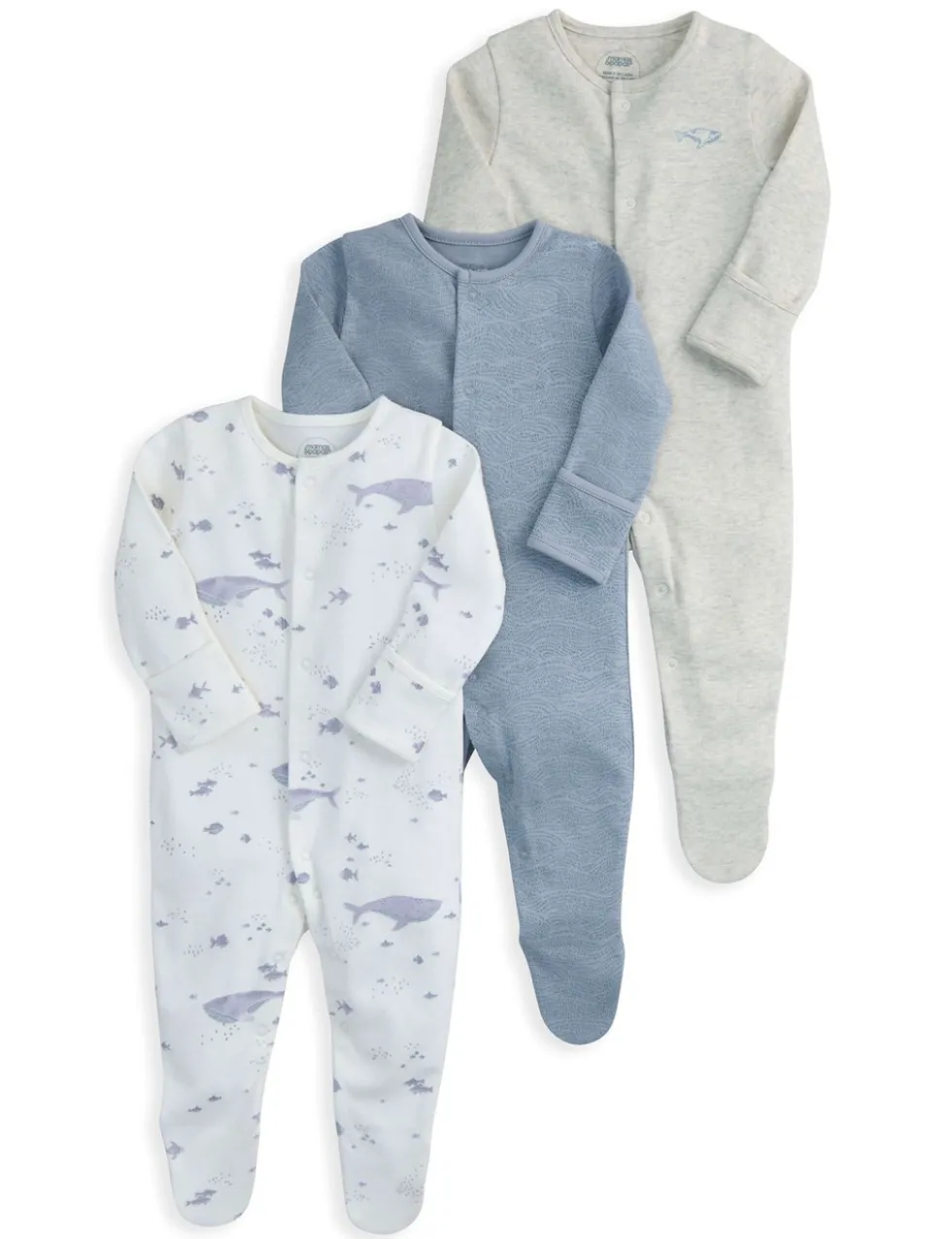 3 Pack Pure Cotton Whale Sleepsuits (6½lbs-24 Mths)