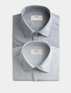 2 Pack Regular Fit Easy Iron Striped Shirts