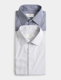 2 Pack Regular Fit Easy Iron Striped Shirts