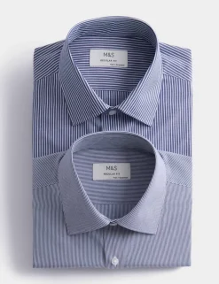 2 Pack Regular Fit Easy Iron Cotton Blend Striped Shirts