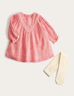 2 Piece Cotton Gingham Dress with Tights (0-3 Yrs)