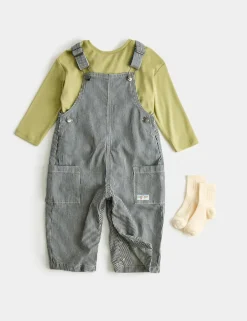 3 Piece Pinstripe Dungaree Outfit with Socks (0-3 Yrs)