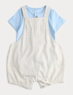 2 Piece Pure Cotton Checked Bibshort Outfit (0-3 Yrs)