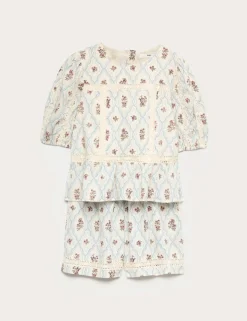 2 Piece Pure Cotton Floral Lace Trim Outfit (6-16 Yrs)