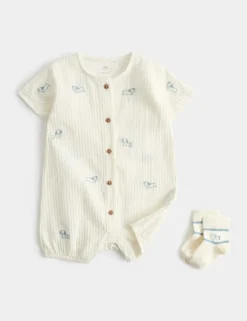 2 Piece Pure Cotton Romper & Socks Outfit (7lbs-2 Yrs)