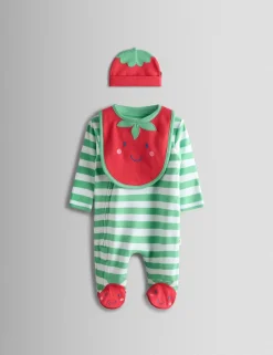 3 Piece Pure Cotton Striped Sleepsuit, Hat & Bib Set (7lbs-18 Mths)