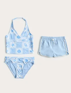 3 Piece Shell Print Tankini & Shorts Set (6-16 Yrs)