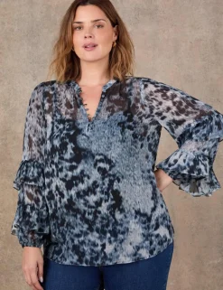 Abstract Print V-Neck Frill Sleeve Blouse