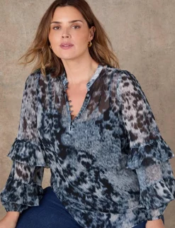 Abstract Print V-Neck Frill Sleeve Blouse