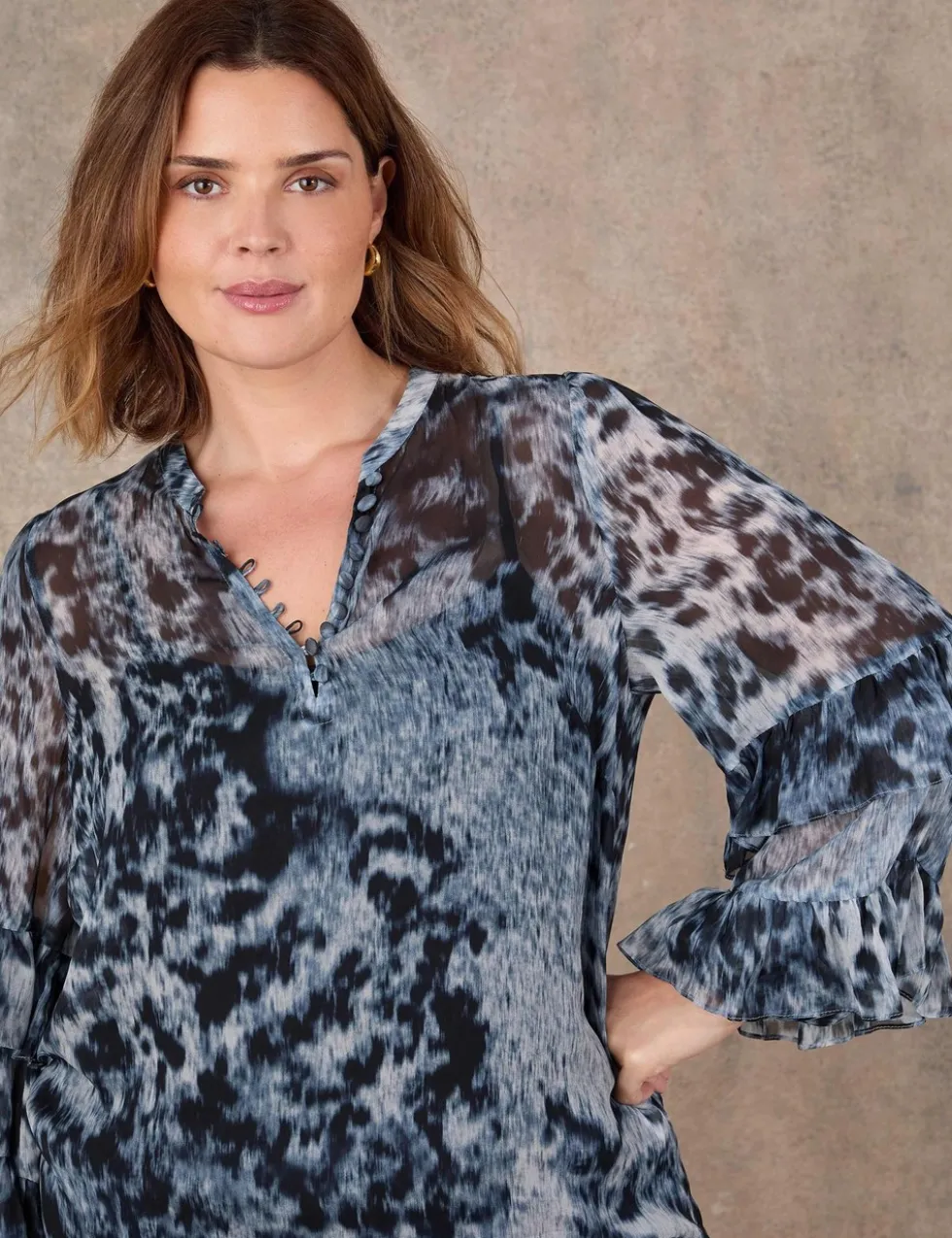 Abstract Print V-Neck Frill Sleeve Blouse