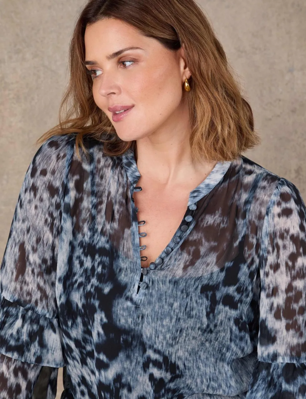 Abstract Print V-Neck Frill Sleeve Blouse