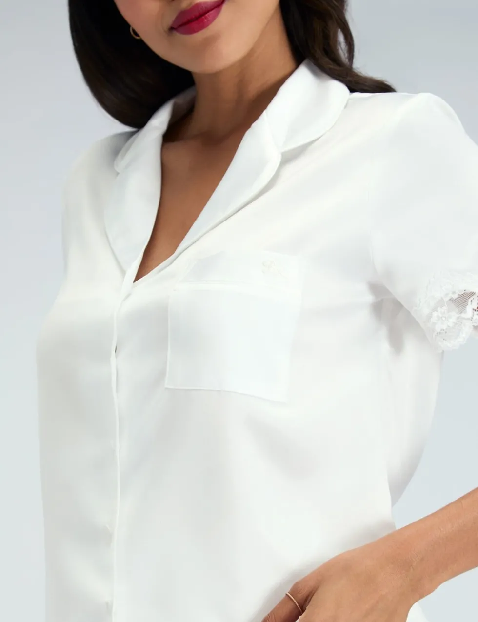 Amelia Satin Lace Trim Revere Shortie Set