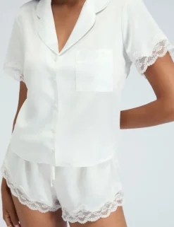 Amelia Satin Lace Trim Revere Shortie Set