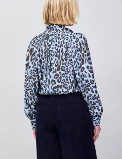 Animal Print High Neck Blouson Sleeve Blouse