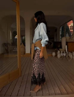Animal Print Lace Detail Maxi Slip Skirt