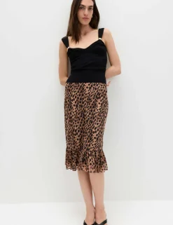Animal Print Ruffle Hem Midi Tiered Skirt