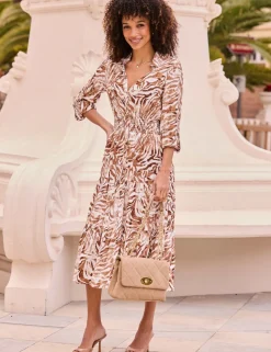 Animal Print Shirred Midi Shirt Dress