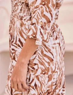 Animal Print Shirred Midi Shirt Dress