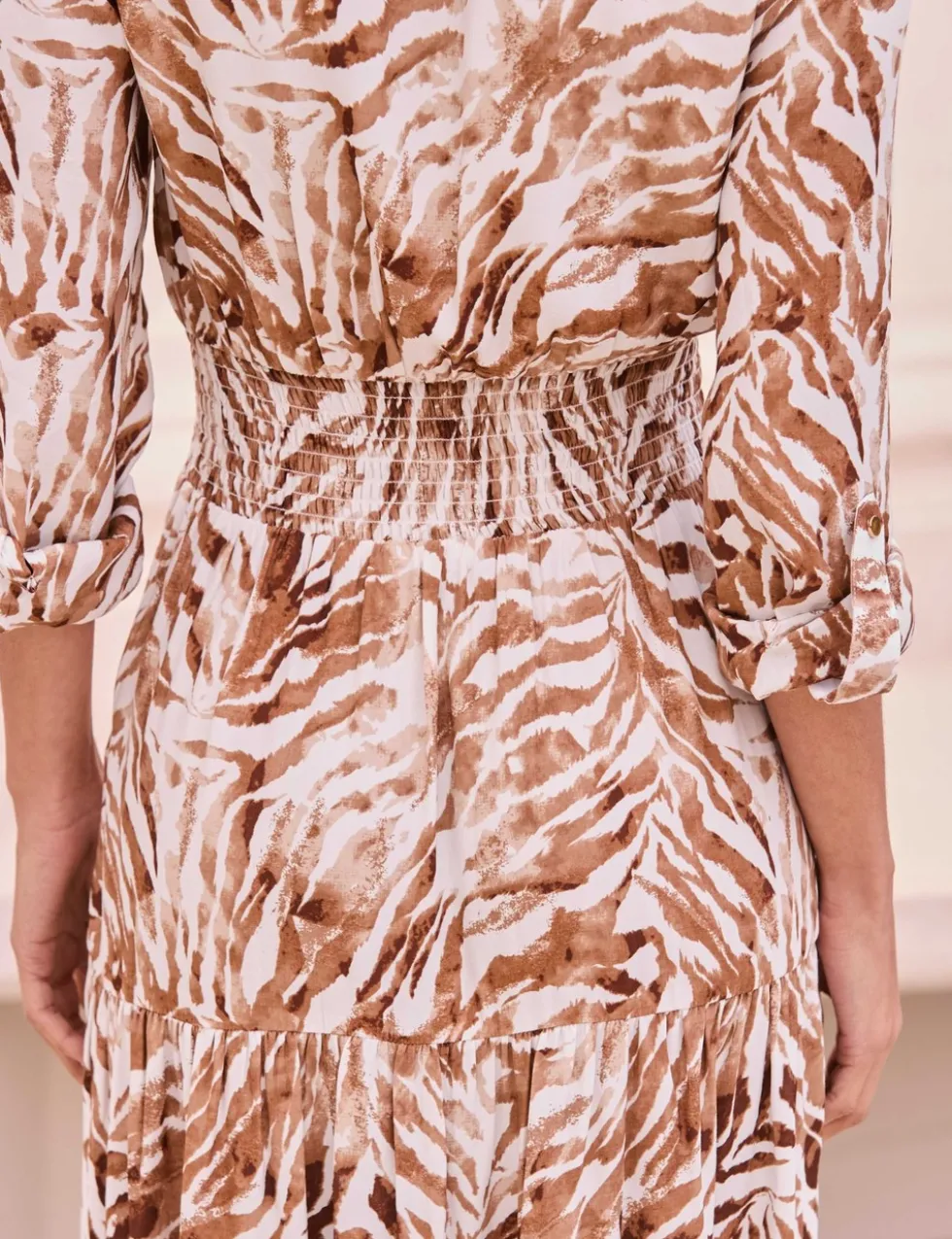 Animal Print Shirred Midi Shirt Dress