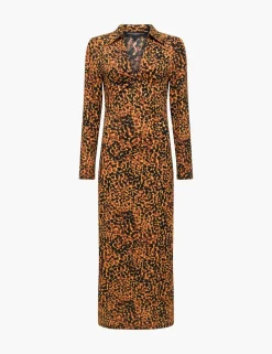 Animal Print Textured Collared Midi Column Dress