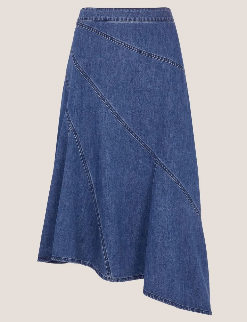 Asymmetric Denim Midi Skirt