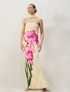 Aurora Yellow Floral Scarf Detail Bandeau Dress