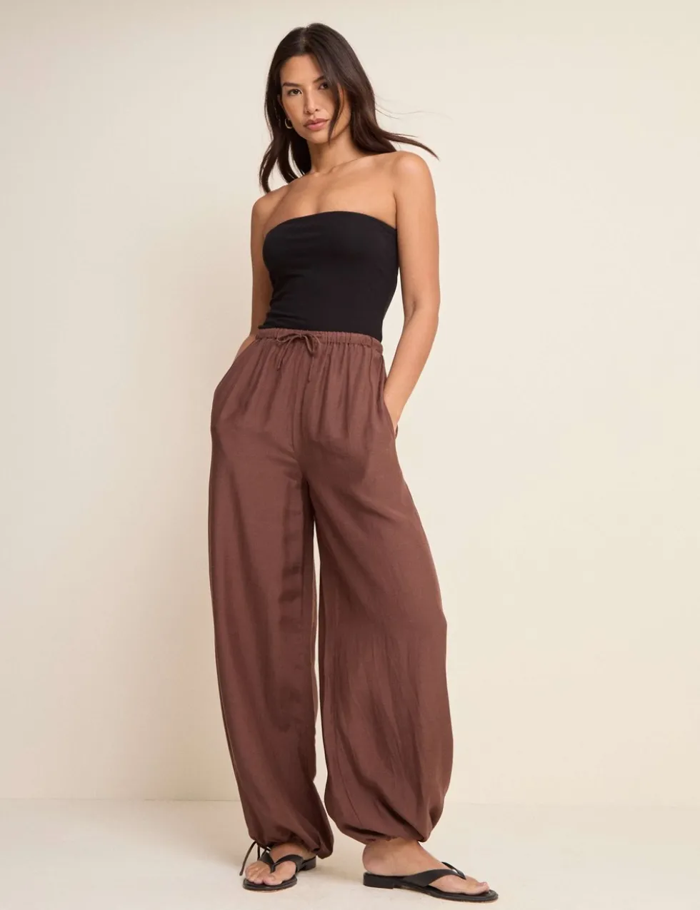 Balloon Cuffed Relaxed Trousers with Linen