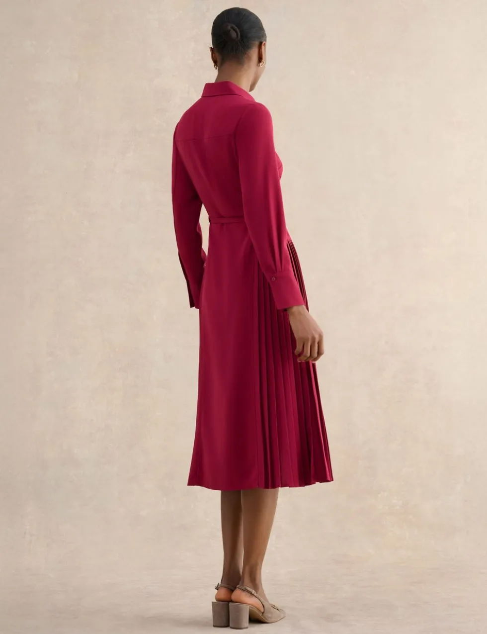 Belted Pleated Midi Shirt Dress