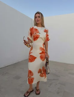 Blurred Floral Print Midi Waisted Dress