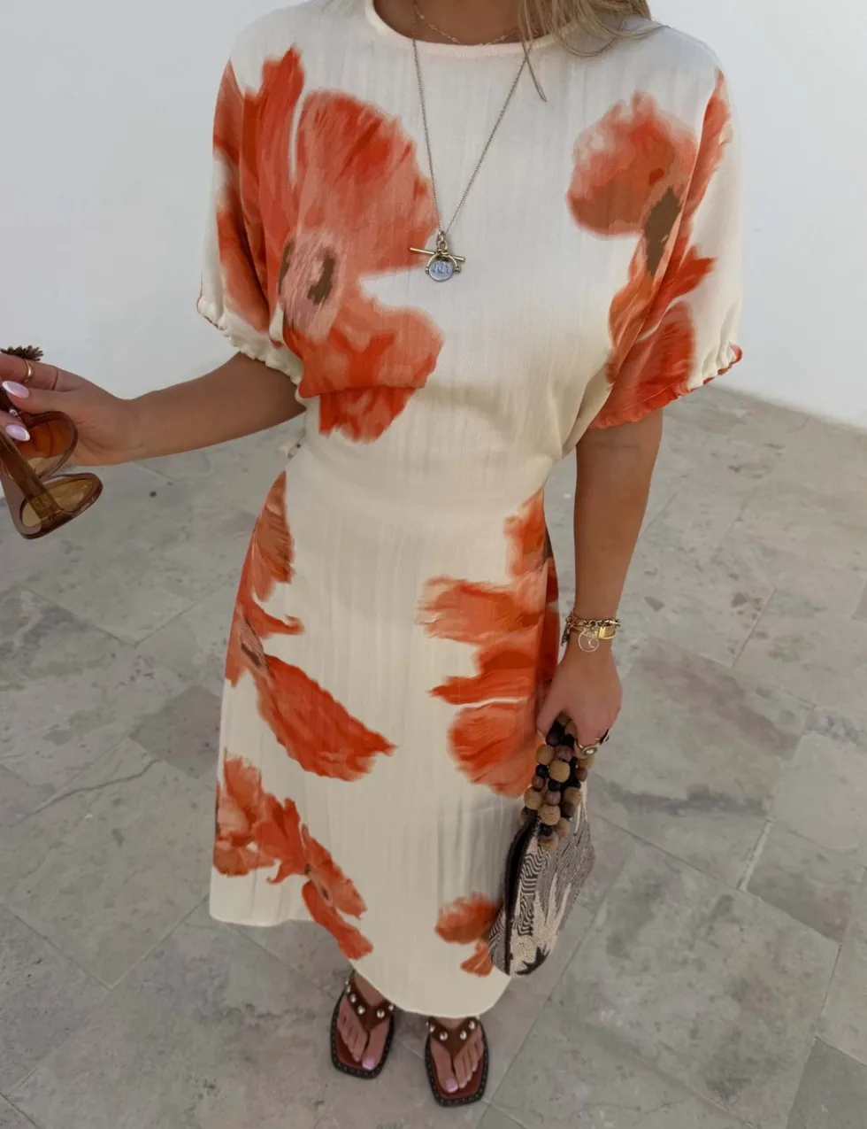 Blurred Floral Print Midi Waisted Dress