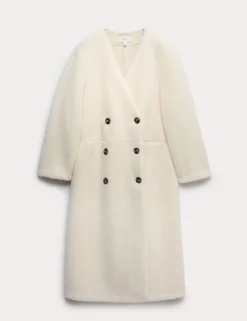 Borg Collarless Double Breasted Longline Coat