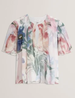 Botanical Print Pleated Angel Sleeve Top